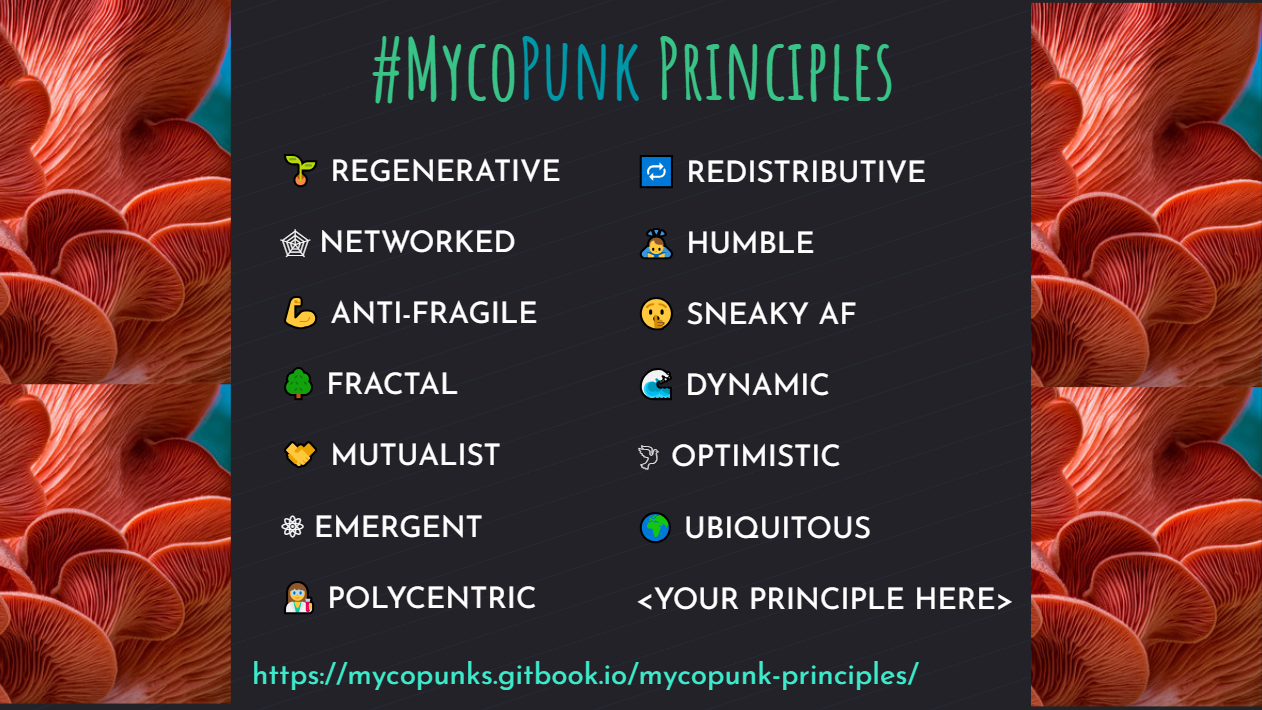 Mycopunk Principles: Regenerative, Redistributive, Networked, Humble, Sneaky AF, Anti-Fragile, Fractal, Mutualist, Emergent, Polycentric, Dynamic, Optimistic, Ubiquitous